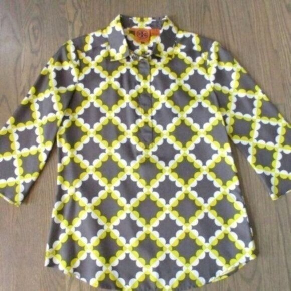 Tory Burch Brown Yellow Geometric Silk Tunic Top 4 - Picture 2 of 4